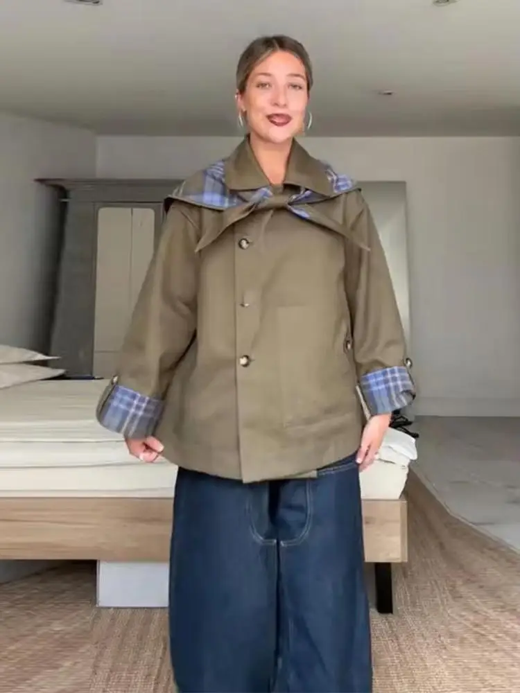 Vintage Reversible Checkered Coat for Women, Oversized, Long Sleeves, Loose Fit, Lapel, Chic Outerwear, Casual Autumn Outfit