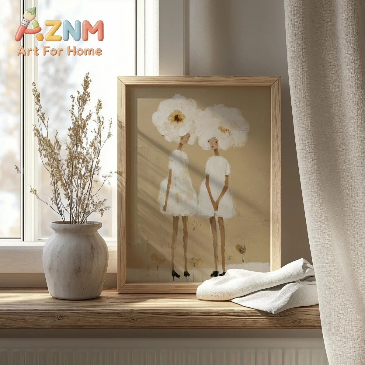 Boho Floral Hats Girls Canvas Print Poster Whimsical Neutral Minimalist Abstract Art Prints Living Room Wall Art Home Decor Gift