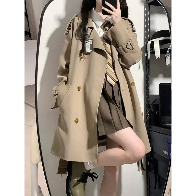 

Women Khaki Black Windbreaker Spring Autumn New Korean Casual Double Breasted Student Trench Coat With Lined Fashion Elegant Top