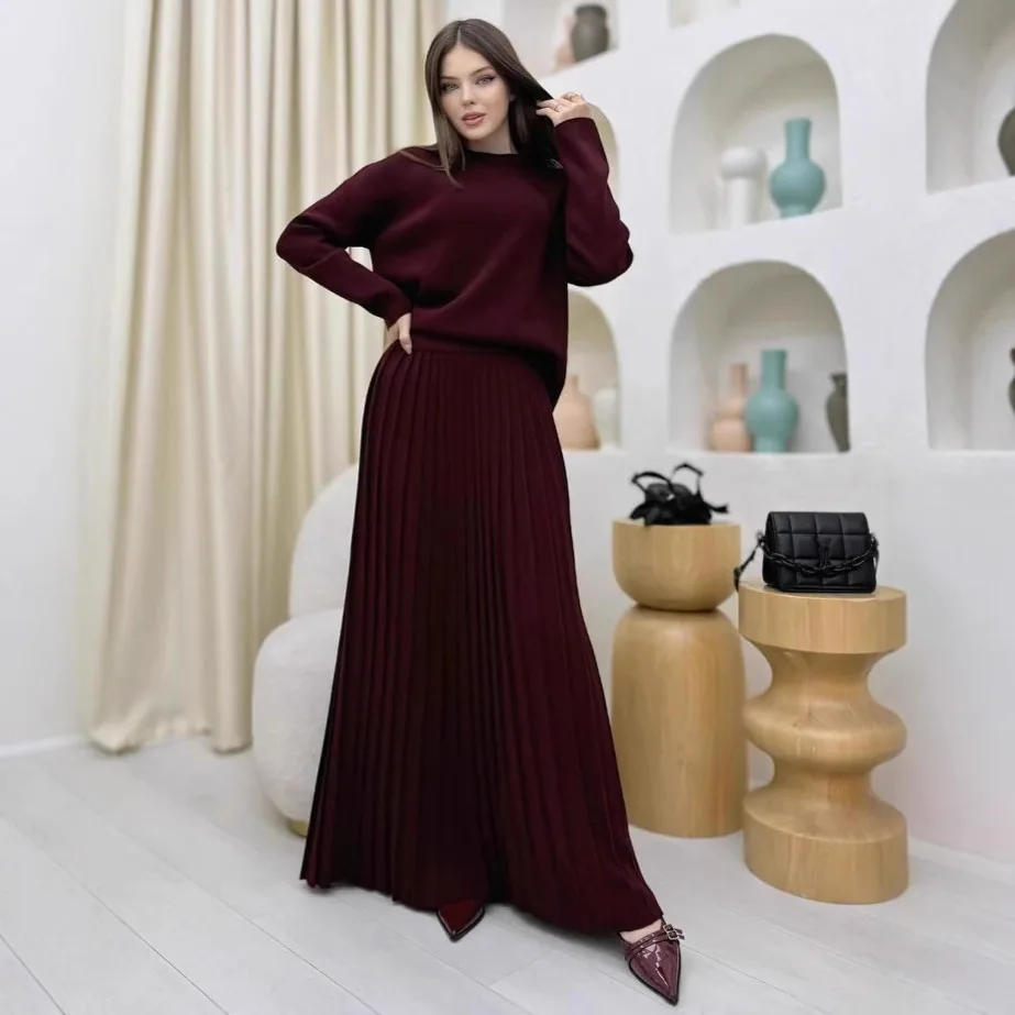 Ensemble pull tricoté et jupe plissée pour femme, couleur Pure, rond, Ne, vêtements de sport décontractés, automne et hiver