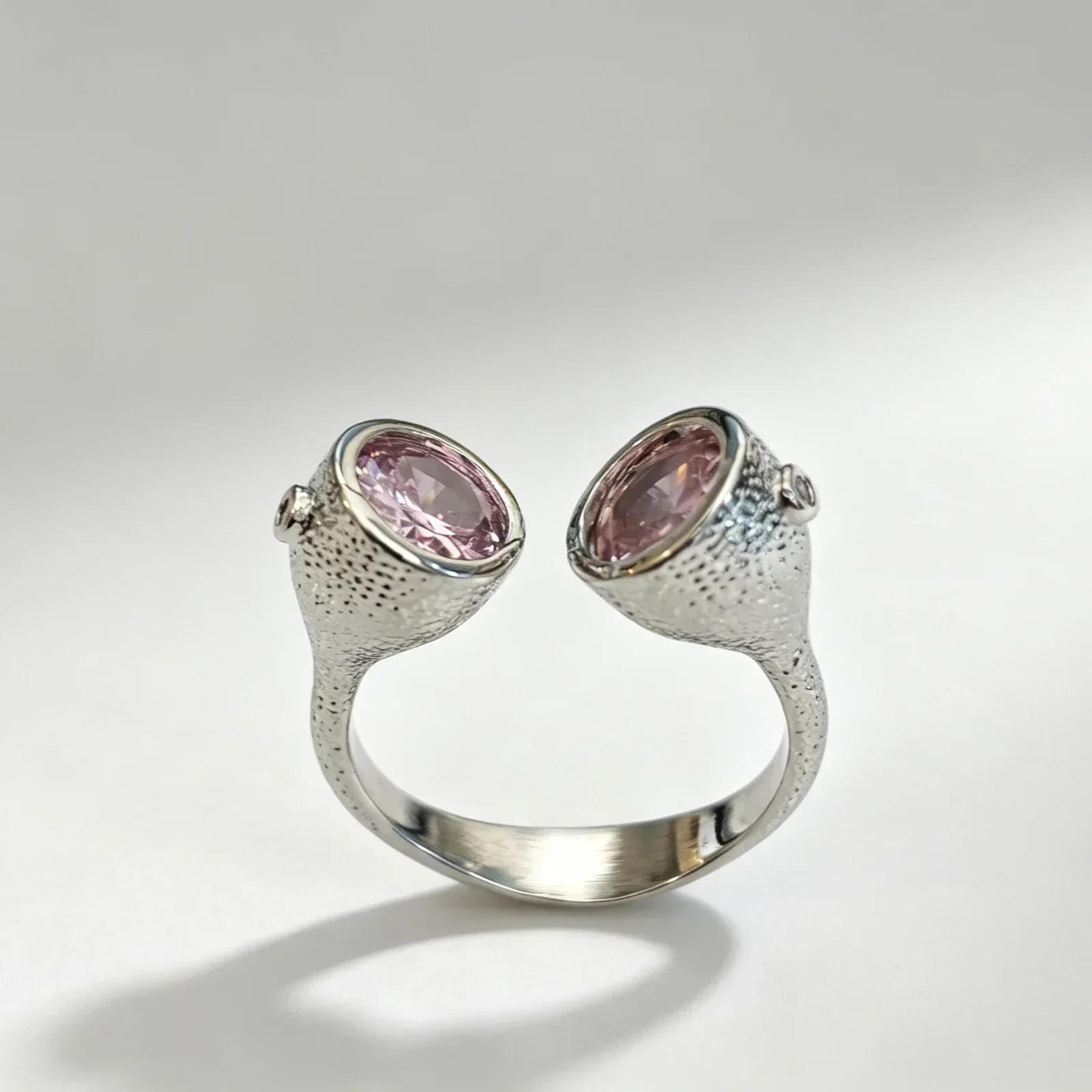 Abstract Goblet Shaped Adjustable Open Ring Two Oval Shiny Pink Zircon Decor Matte Grain Retro Cool Stackable Finger Ornament