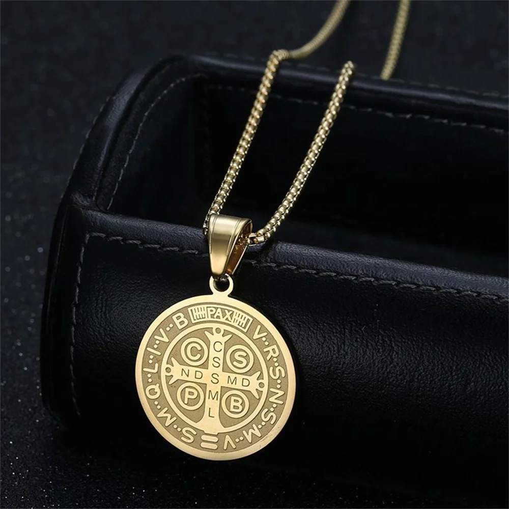 Religious San Benito Holy Medal Pendant Gold Color Stainless Steel Jesus Cross Round Necklace for Women Men Fashion Jewelry Gift