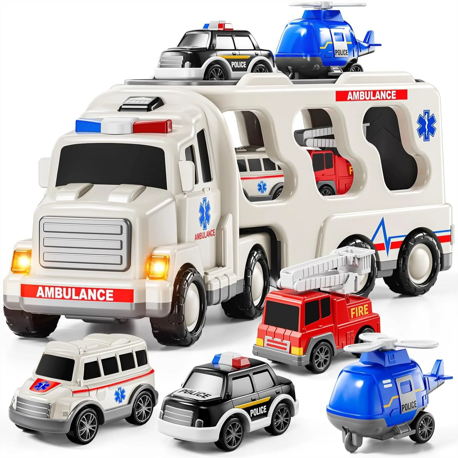 

5-in-1 Friction Powered Toy Truck Set with Light & Sound, Police Car, Fire Truck, Ambulance for Toddlers 3-7
