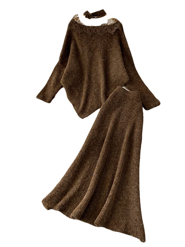 레이스 스플라이싱 헤비 니팅 소프트 플러 원숄더 비대칭 니트 탑과 스커트 세트 따뜻하고 두꺼운 겨울용...