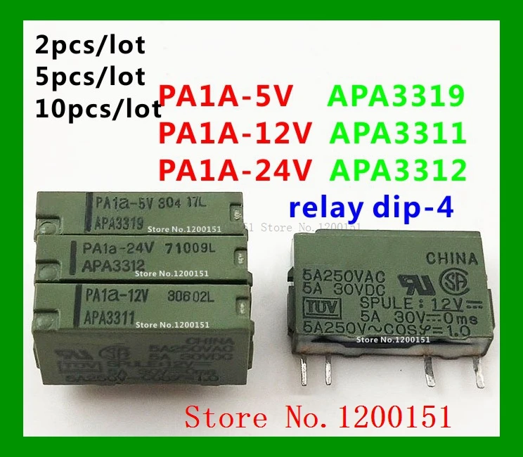 PA1A-5V PA1A-12V PA1A-24V APA3319 APA3311 APA3312 5A250VAC, relé dip-4