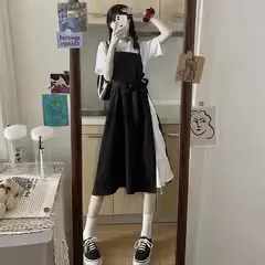 

Летний винтажный комплект: платье миди на бретельках и свободная футболка в корейском стиле с завышенной талией и юбкой А-силуэта для женщин и студенток