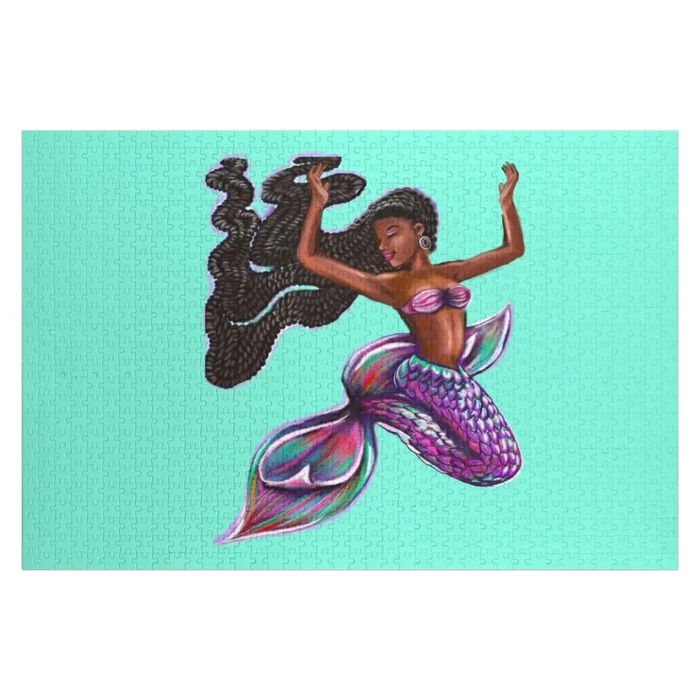 

mermaid with flowing braids 2, brown eyes curly Afro hair and caramel brown skin. Black mermaid Jigsaw Puzzle