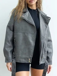 Ailegogo-Vintage PU Faux Leather Jacket para Mulheres, Retro Zipper Belt, Streetwear Feminino, Moto Biker Coat, Outwear, Novo, Primavera, Outono