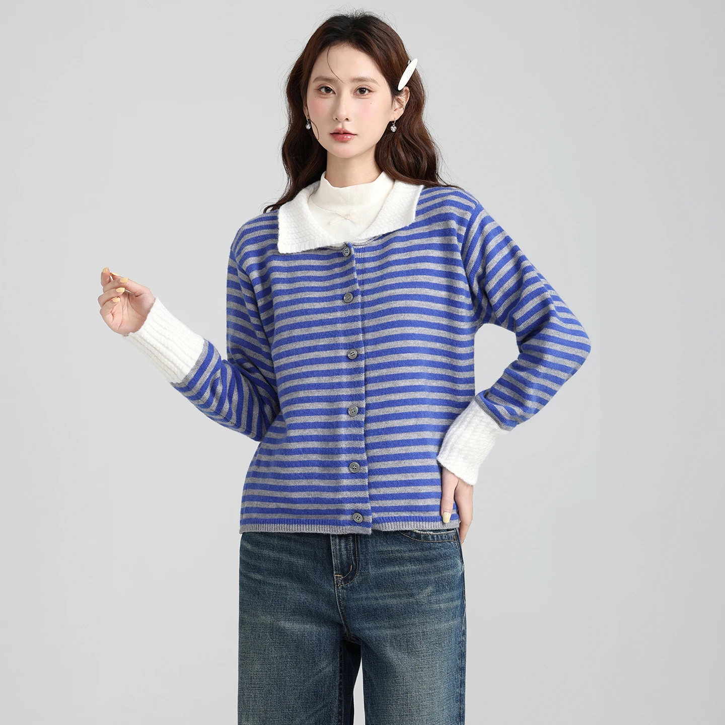 Color Blocking Striped Polo Collar Long Sleeved Knitted Cardigan for Women, Autumn Loose and Lazy Sweater Jacket