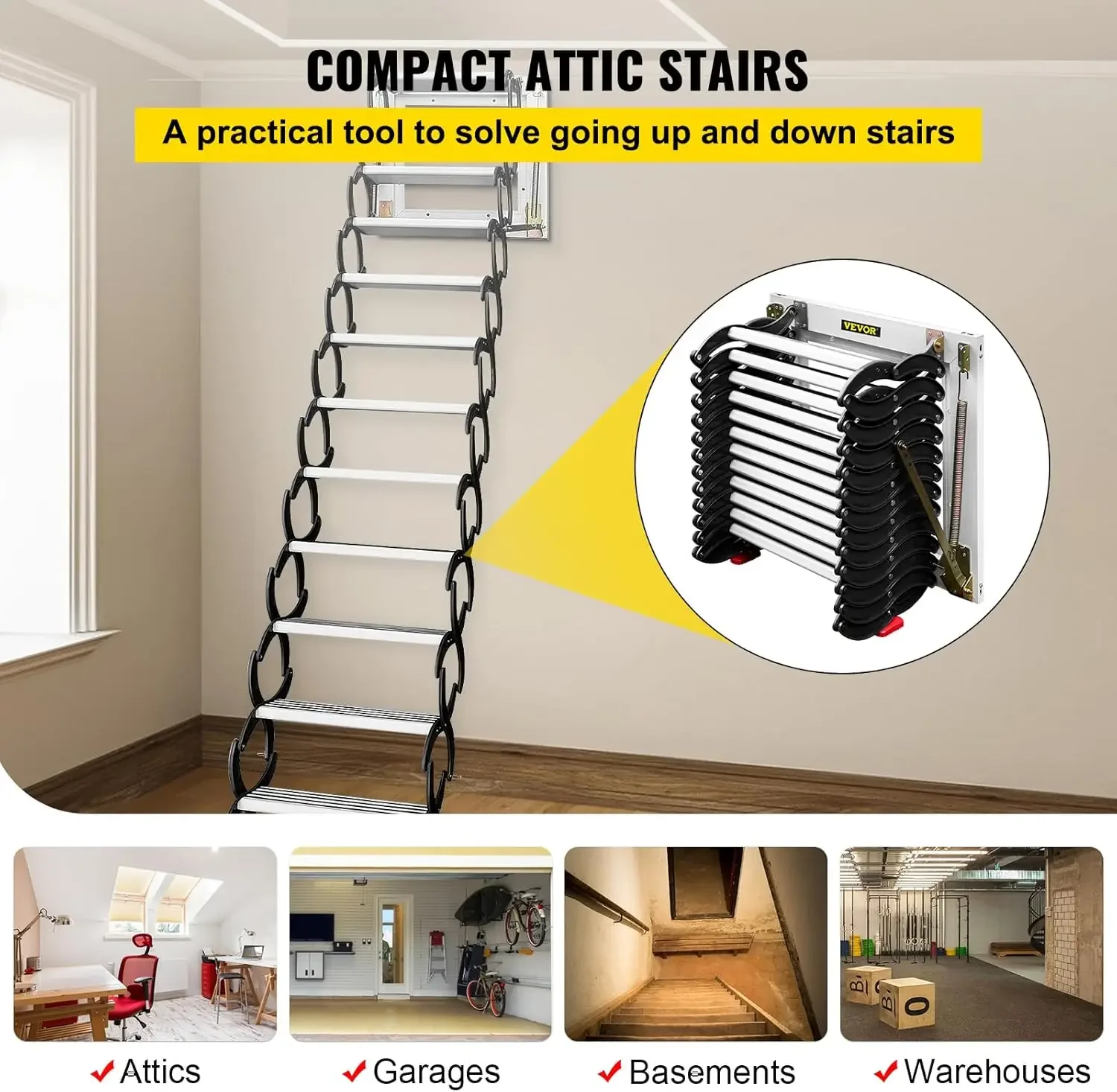 Pull Down Attic Ladder - 12 Steps, Black Folding Stairs with Armrests for Attic Access, Wall-Mounted Retractable Ladder, 9.8