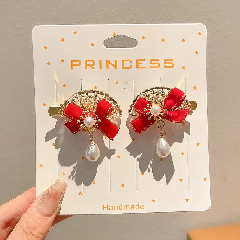 

2025 New Year's Hair Clip for Girls Little Girl's New Year's Greeting Hairpin Red Bow Tassel Duckbill Clip