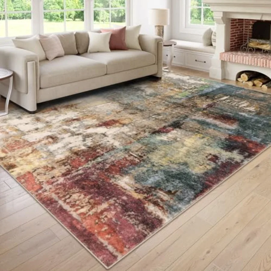 

Modern Abstract 9x12 Area Rugs for Bedroom Washable Living Room Rug for Bedroom Low Pile Non Slip Red Soft Indoor Accent Carpet