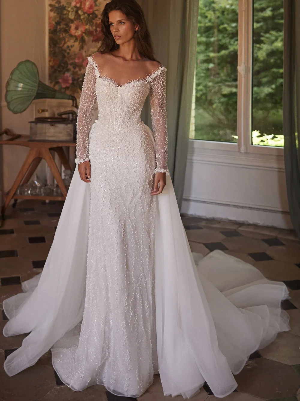 

Elegant Mermaid Wedding Dress Pearl Long Sleeve Sweetheart Detachable Tail Bridal Gown for Women's Vestidos De Novia Customized