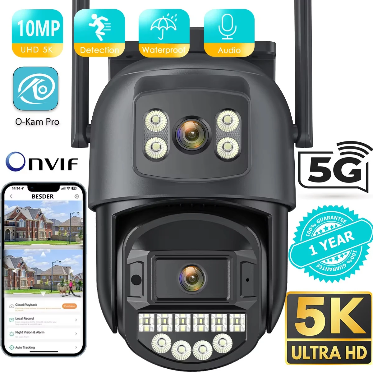 5GHz WiFi Surveillance Camera 5K 10MP Dual Lens AI Human Detection Outdoor Security Protection PTZ IP Cameras Intercom CCTVO-KAM