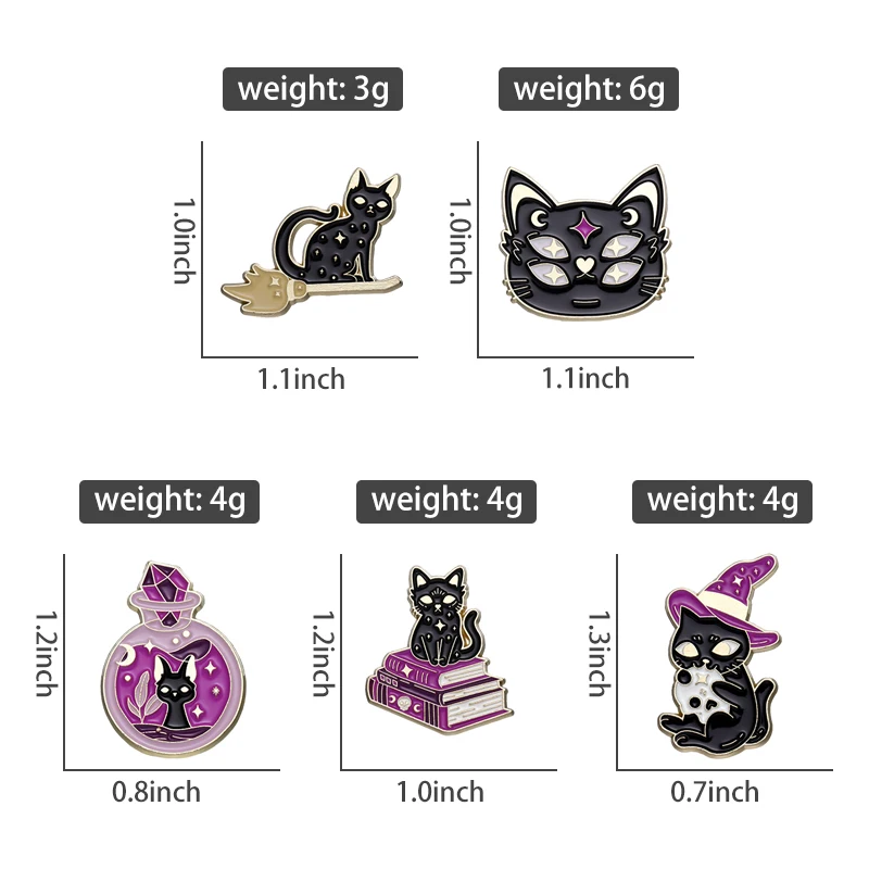 Witch Cats Enamel Pins Custom Black Kitten Spell Book Magic Potion Brooches Lapel Badges Gothic Animal Jewelry Gift for Friends