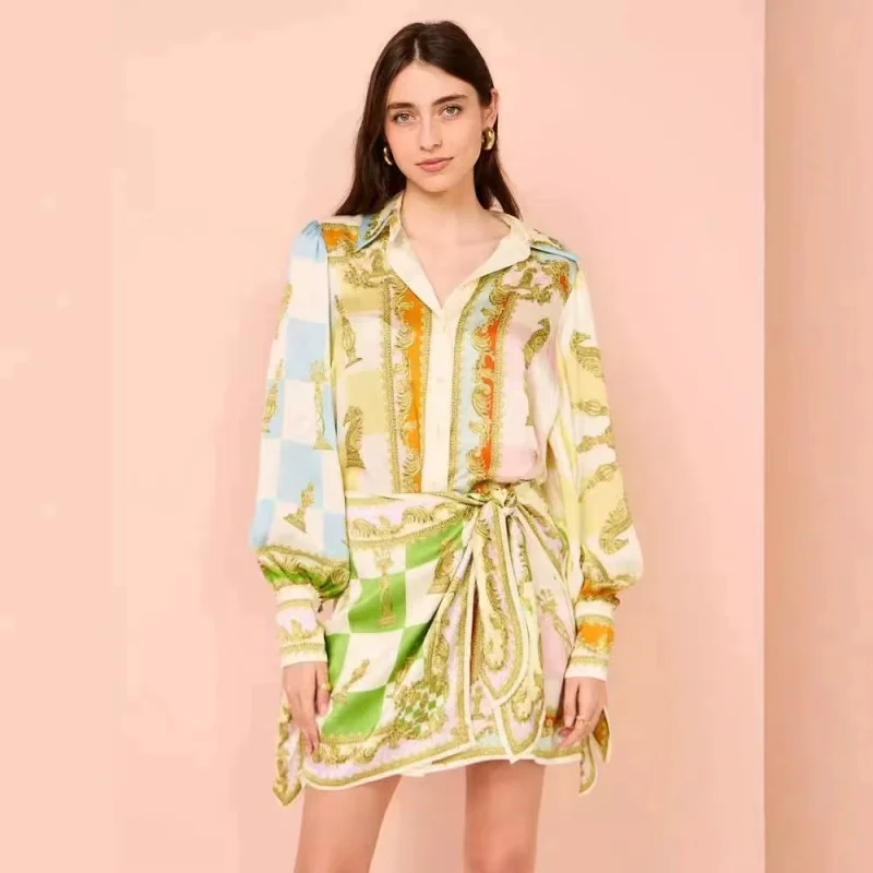

New European and American Lantern Sleeve Positioning Print Holiday Leisure Dress