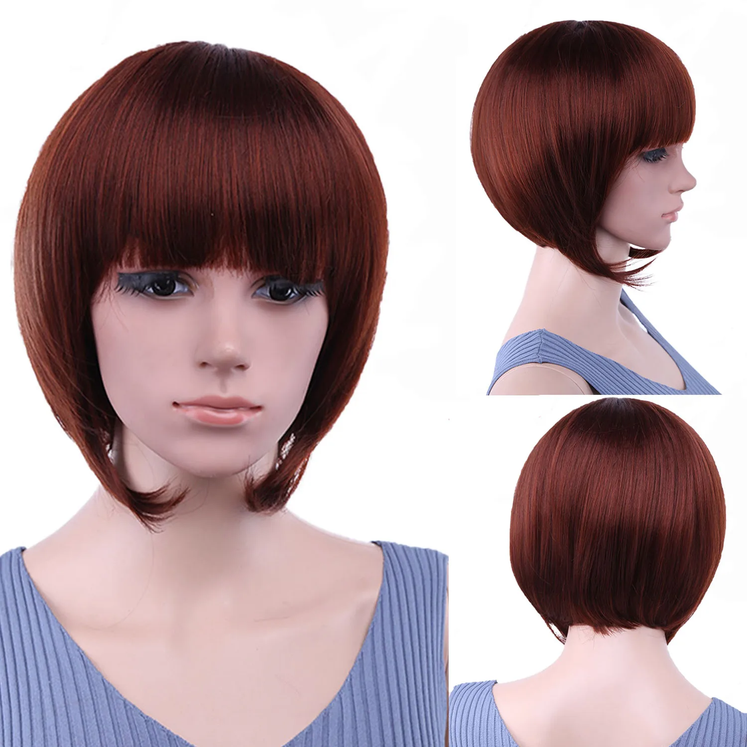 

Short Bob Wig Synthetic Straight Hair Wig Short Red Wine Brown Hair Wigs for Women Female Haircut Puffy Straight Natural