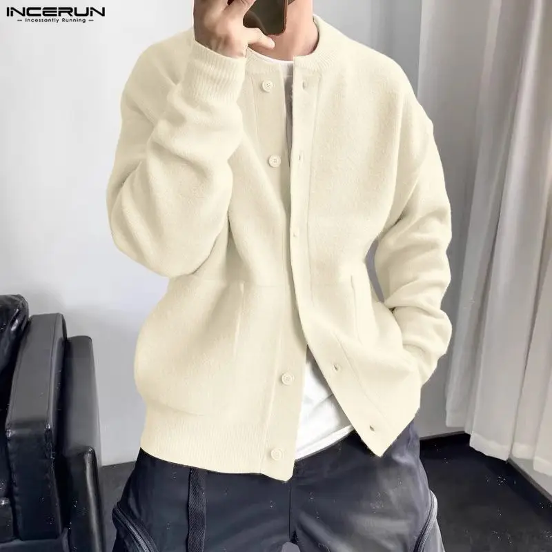 

INCERUN мужские свитера однотонный вязаный кардиган с круглым вырезом и длинными рукавами мужская уличная одежда корейский стиль модный повседневный свитер пальто