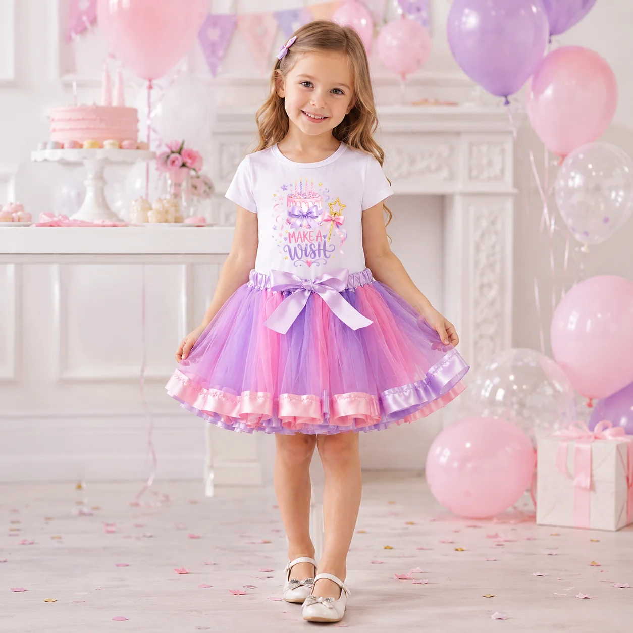 Kleinkind Mädchen Geburtstag Tutu-Rock-Set mit Kuchen-Print Kurzarm-Oberteil Flauschiges Mesh-Ballkleid Kinder Prinzessinnen-Outfit für Geburtstagsfeier P