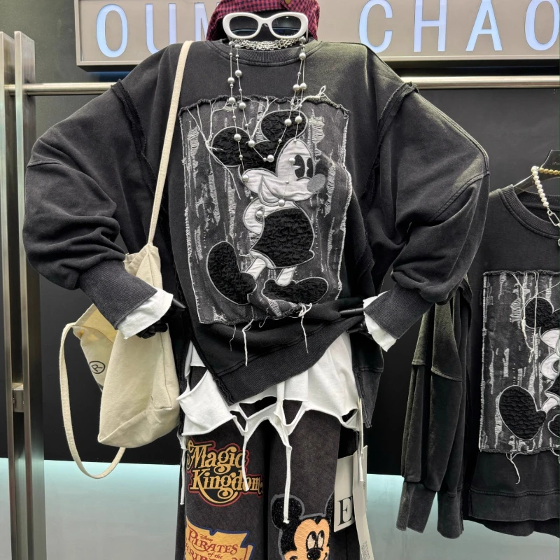 American Retro Patchwork Cartoon Sweatshirt Pullover Women's Loose Design Sense Jacket 2025 Autumn New Zipper Hoodies Outerwear