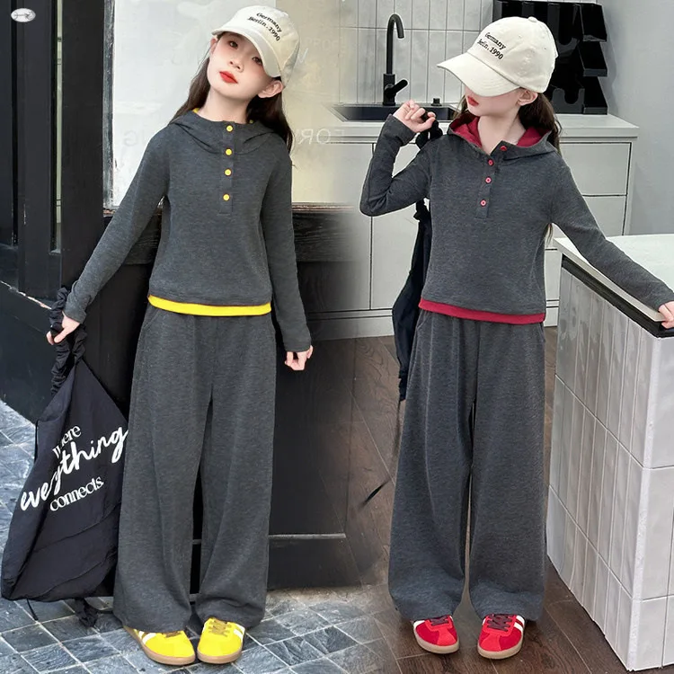 

2026 spring new kids Girls Clothes set Child sweatshirt splicing hooded T SHIRT + wide leg LOOSE pant Tracksuit 4 to 8 15 years