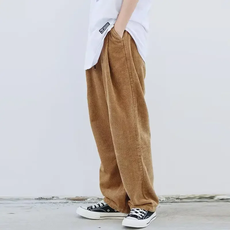 Japanese Corduroy Pants Men Autumn Loose Elastic Waist Solid Color Straight Pants Retro Casual Trousers for Men Baggy Pants