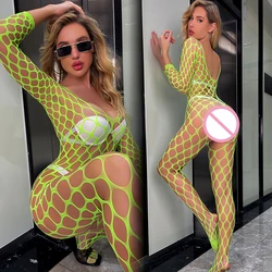 Hot Open Crotch Sexy Lingerie Mesh Fishnet Teddy Erotic Pajamas See Through Bodysuit Women Porn Hollow Out Costumes Catsuit Set