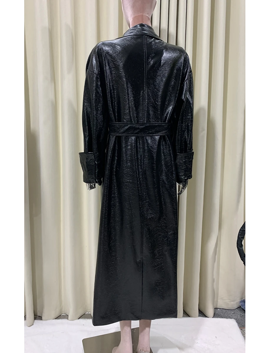 Mauroicardi Autumn Extra Long Oversized Shiny Black Patent Pu Leather Trench Coat for Women Belt Chic Faux Leather Overcoat 2025