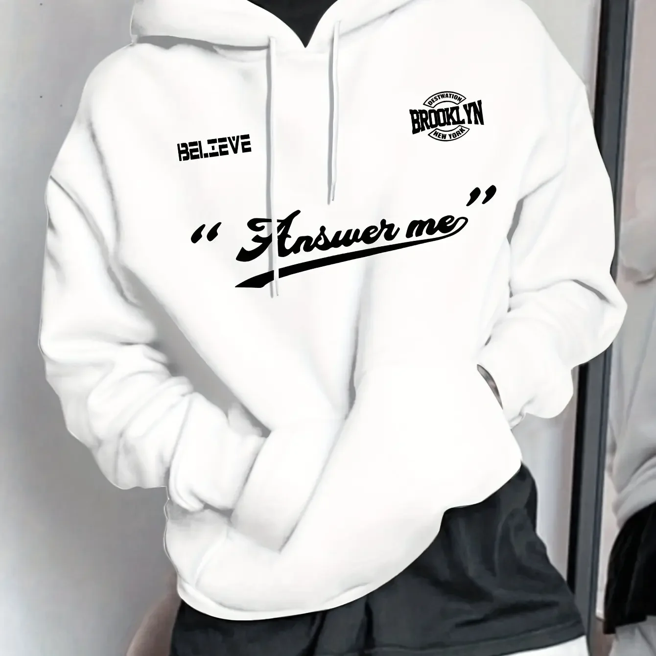Men Brooklyn Believe Answer Me Vintage Letter Hoodie Multi‑Position Chest Print Casual Loose Pullover Hooded Sweatshirt