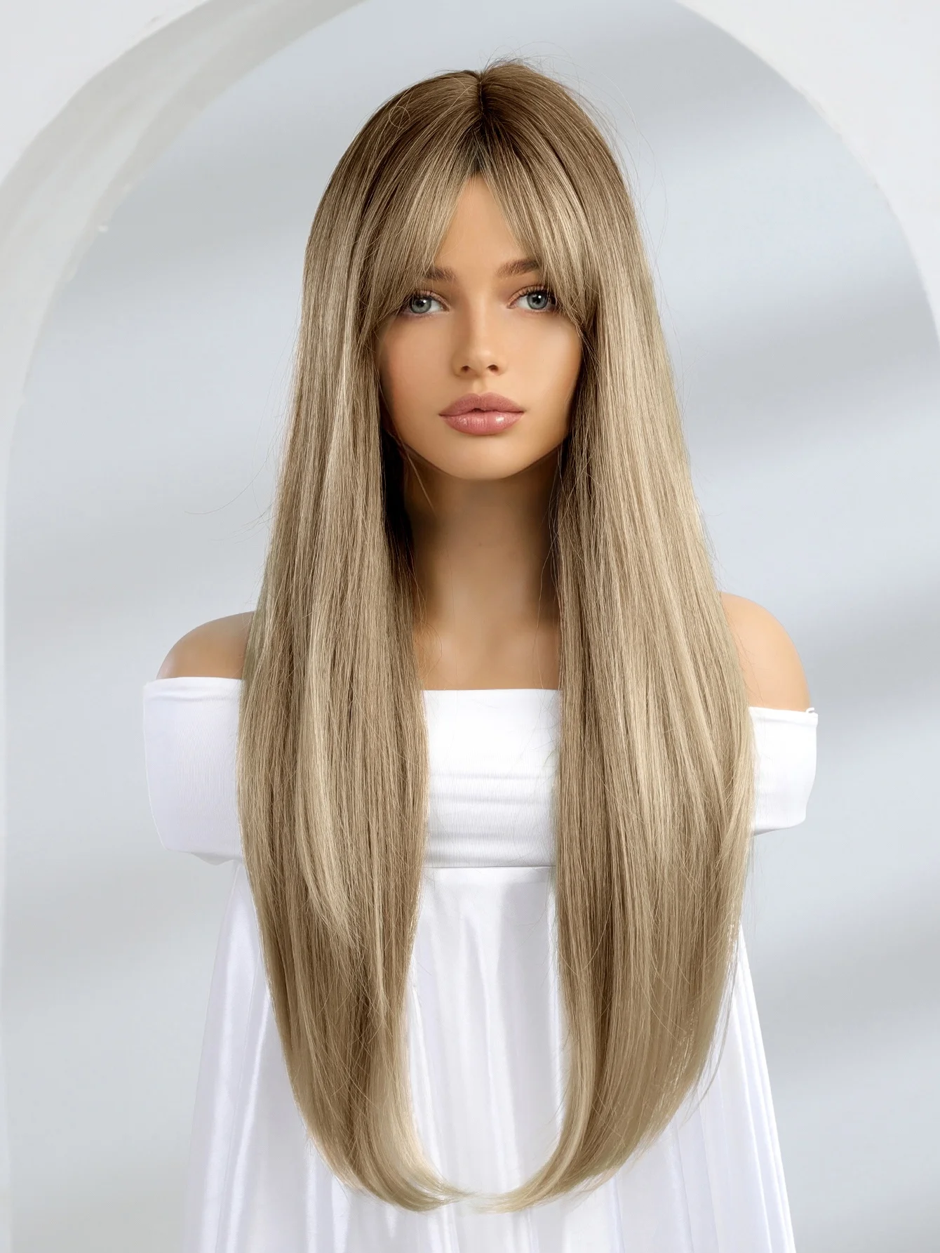 Blonde Unicorn Natural Long Straight Synthetic Hair Wigs Dark Root Ombre Blonde Brown for White Black Women Heat Resistant Fiber