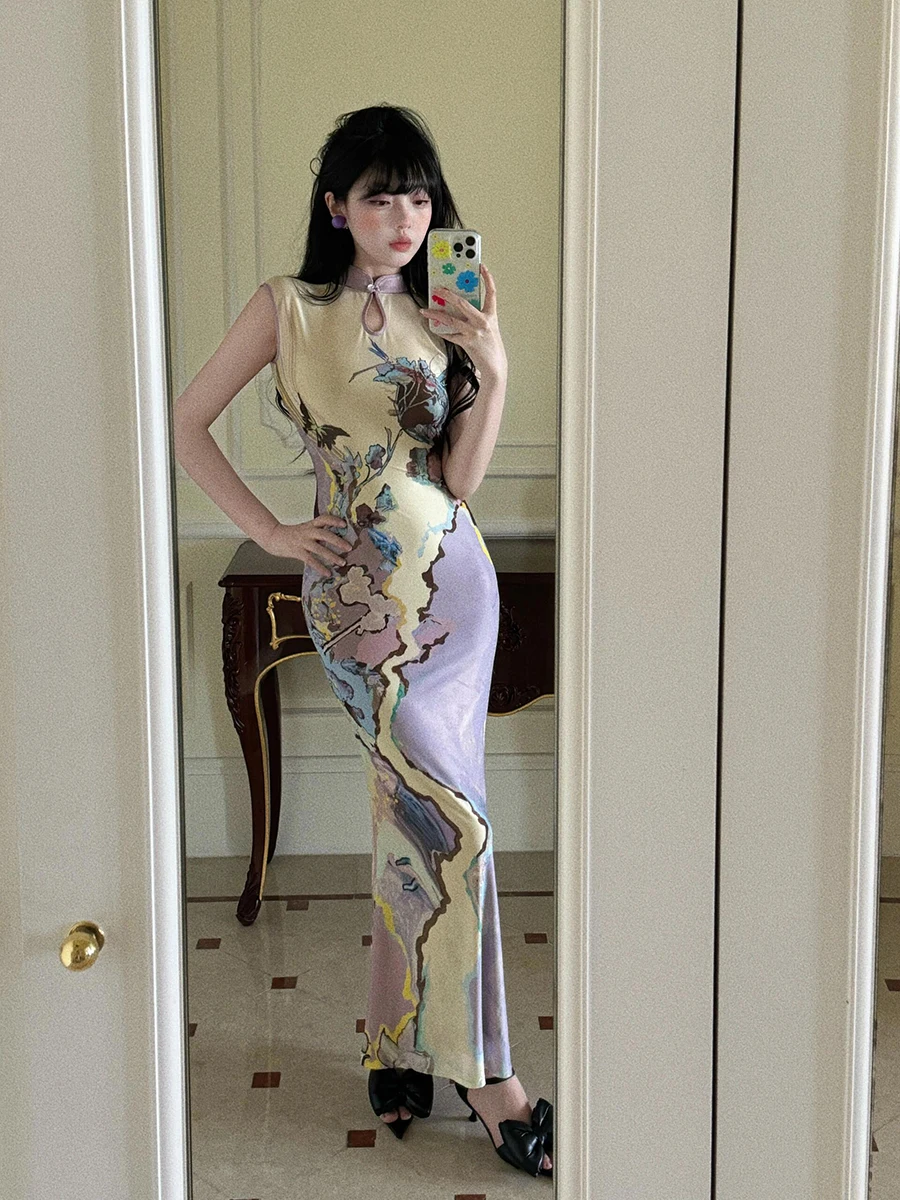 REDDACHiC التعادل صبغ طباعة شبكة شيونغسام المرأة أنيقة اتجاهين طويل ذيل السمكة تشيباو فستان التقليدية الصينية حفلة ثوب مسائي