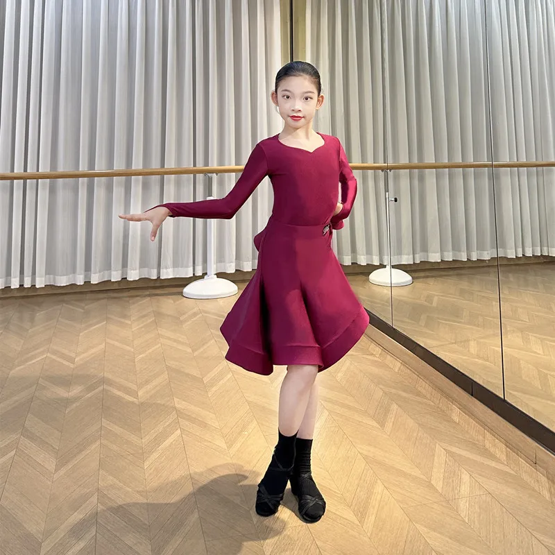 New Latin Dance Costumes for Girls Long Sleeves Competition Regulations Split Children's Dance Test Costumes