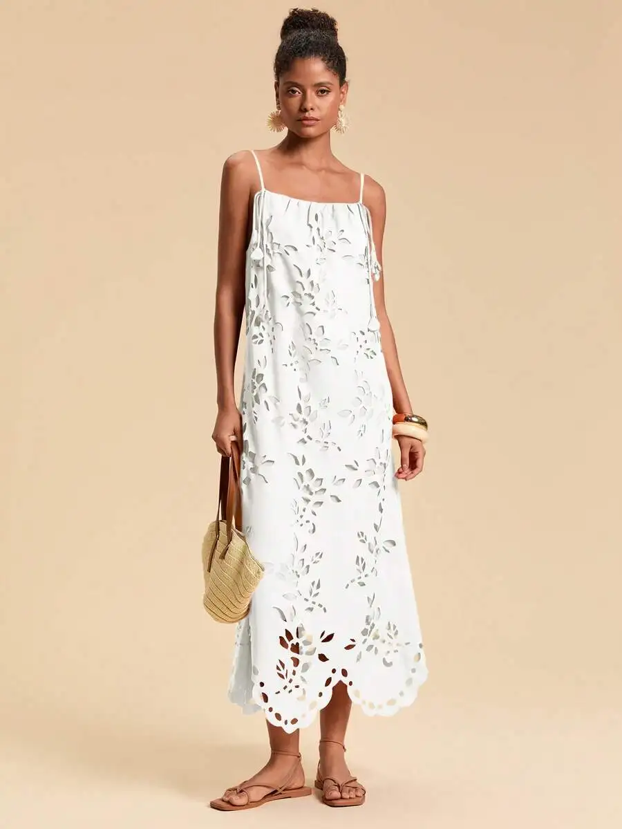 

White Floral Cutout Woven Maxi Dress For Women Summer Beach Vacation Casual Dress