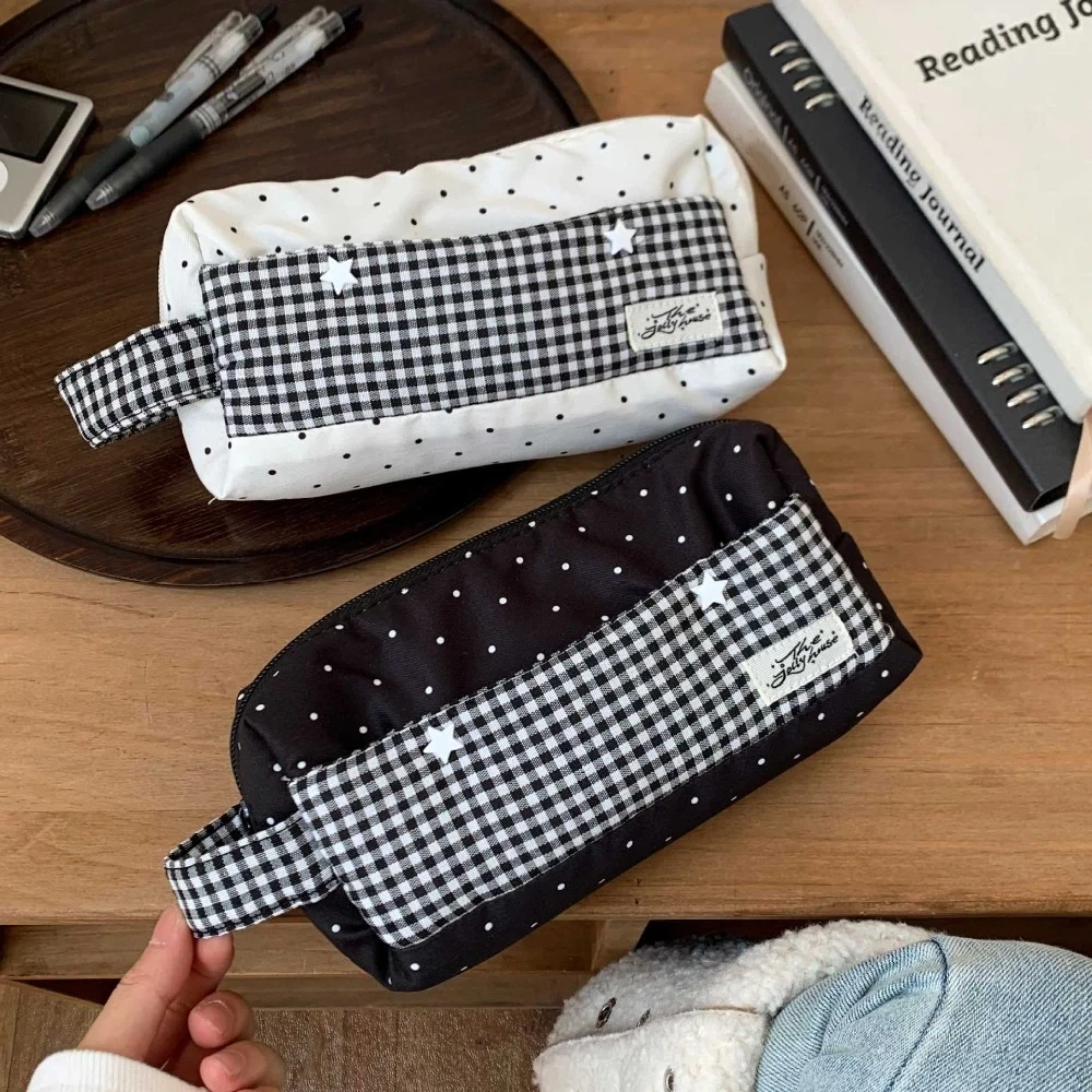 

Large Capacity Plaid Cloth Pencil Case Makeup Bag Polka Dot Star Korean Stationery Bag Desktop Organizer School Pencil Box