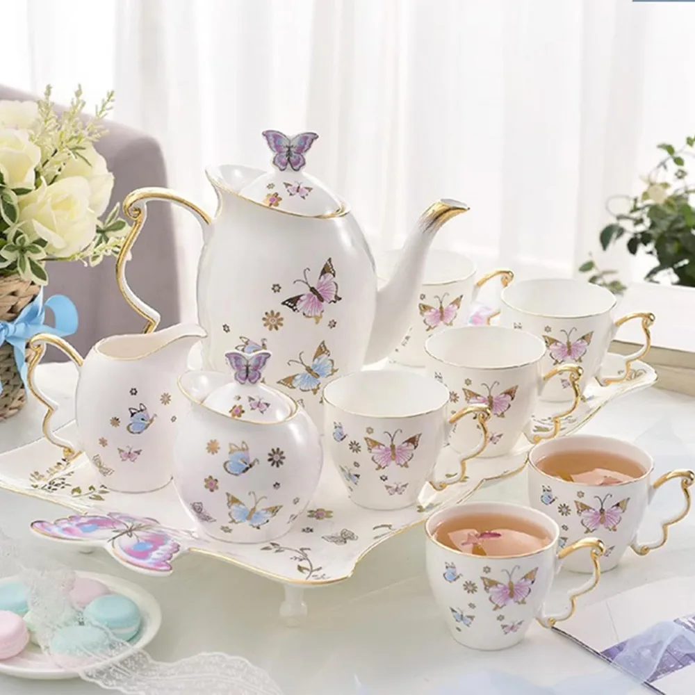 

Tea Cup Set Creamer Pitcher and Teaspoons Bone China Coffee Tea Sets Kitchen Accessories Sugar Bowl Teapot Cups Pot Dining Bar