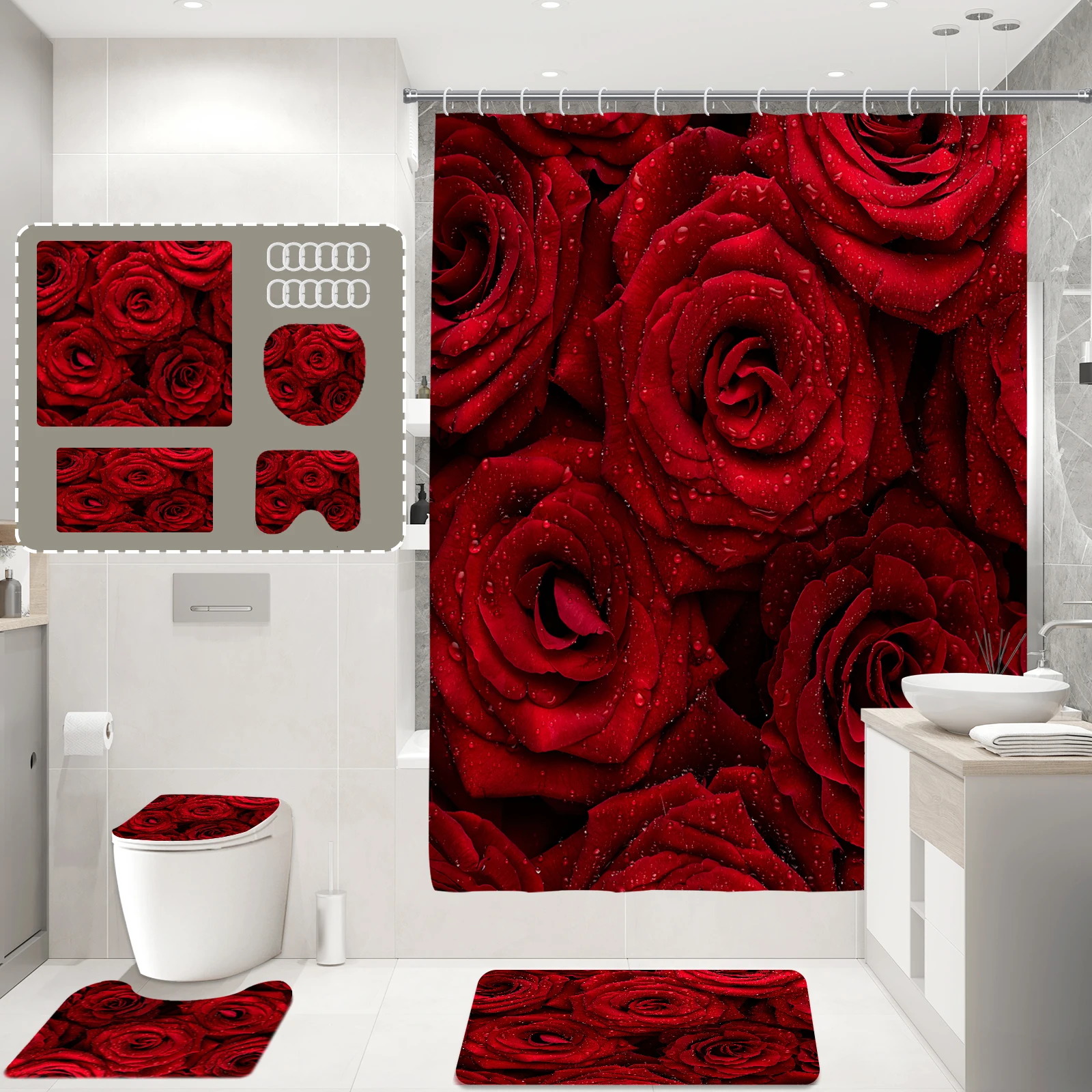 Blooming rose print shower curtain modern waterproof shower curtain polyester home décor bathroom curtain with hook