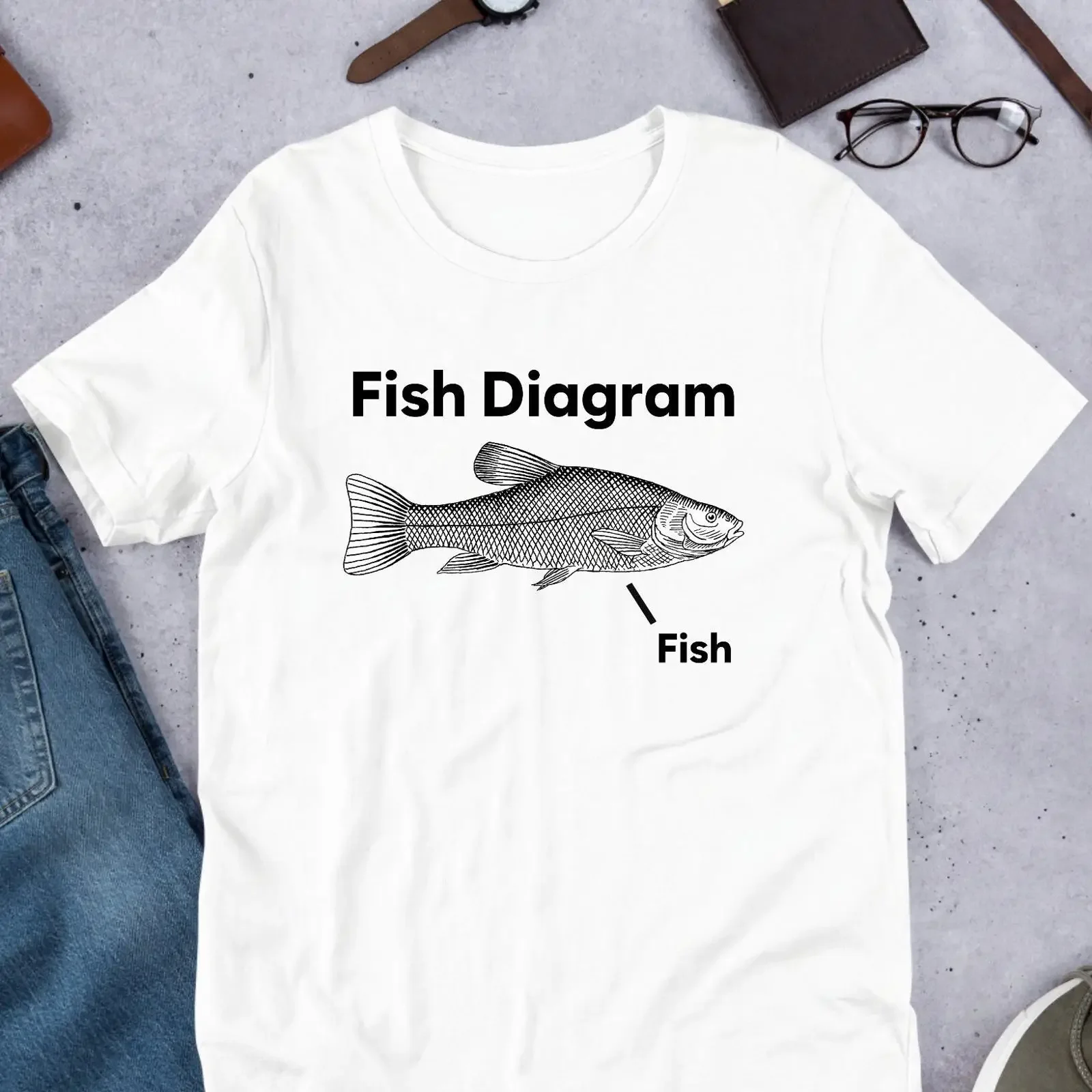 Funny Fish Diagram Meme T Shirt Ironic Sarcastic Gag Joke Oddly Specific Cursed Parody Casual  vintage Washed Breathable
