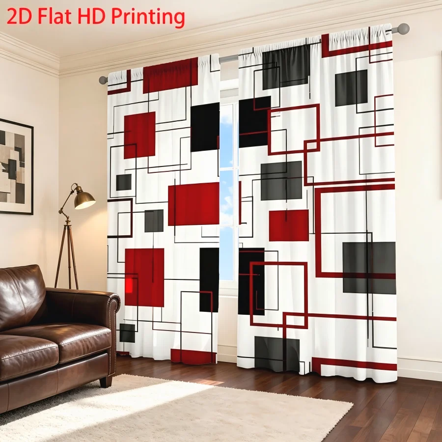 2PCS Digital Print  Curtain, Red Black Lines Squares, Rustic Farmhouse Window Treatment Drape for Bedroom Kitchen Decor