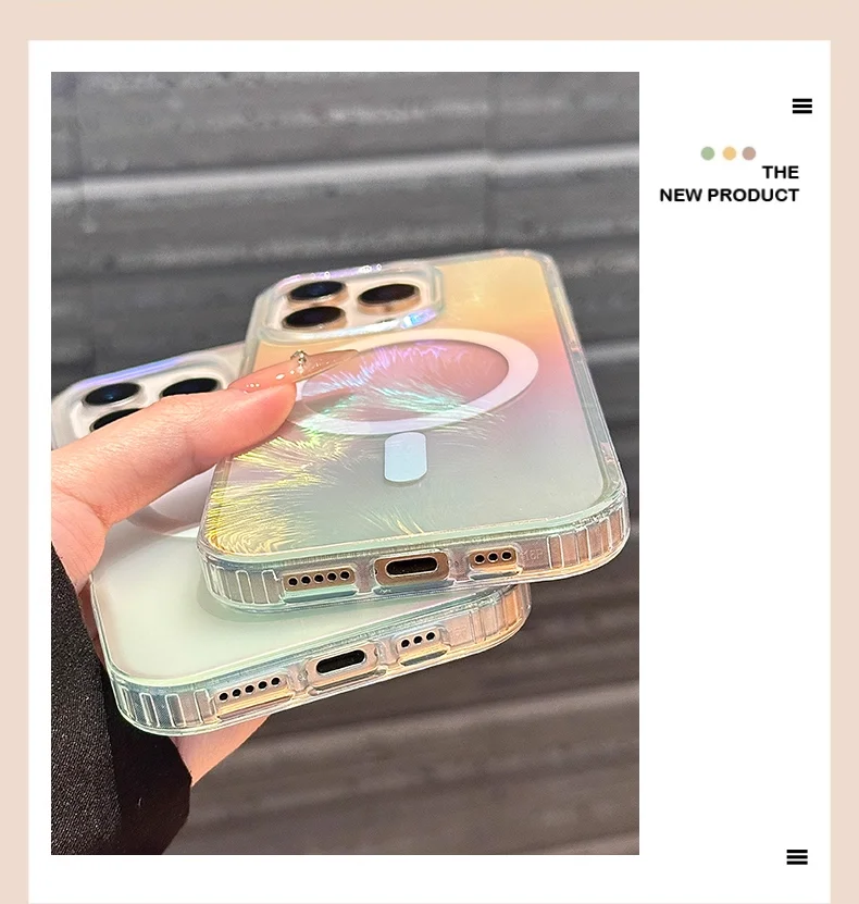 Laser-Gradient-Feder für Apple 18ProMax 17E Air 16Plus 14Pro 13 Handyhülle, Nischen-High-End-Gefühl, sturzsichere magnetische Aufladung – Detail 4