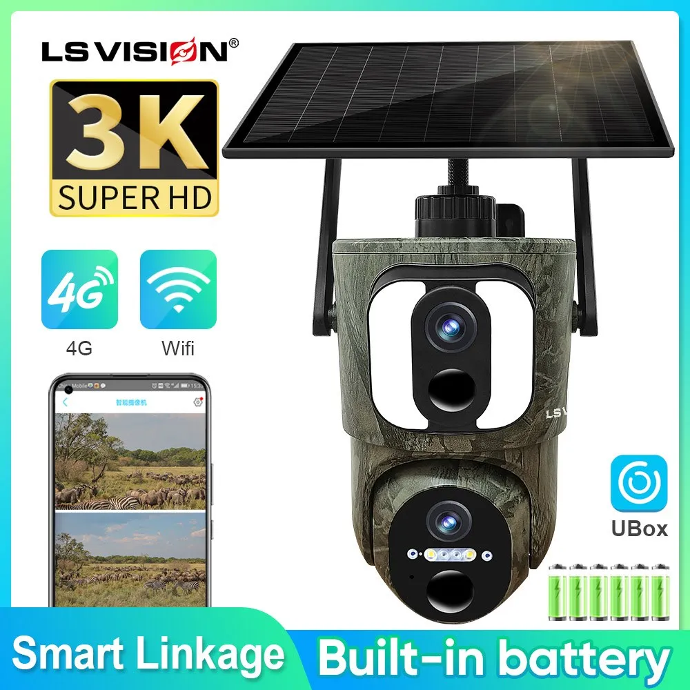 LS VISION 3K 4G Sim Solar Security Camera Wireless Outdoor WiFi Human/Animal Detection Waterproof Wildlife Camera Forest Hunting