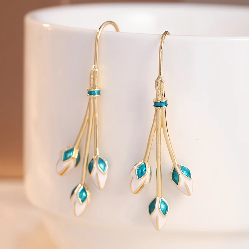 Vintage Delicate Handmade Magnolia Flower Pendant Earrings for Women Elegant Temperament Wedding Anniversary Jewelry Accessories