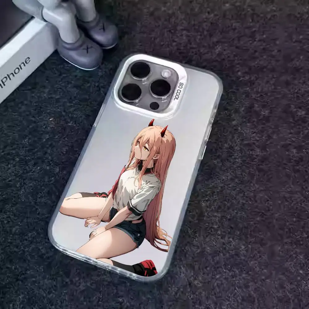 1 st Power Chainsaw Man Telefoon Case Laser IMD Kleur Zilver Shell Voor IPhone 17 16 15 14 13 12 11 Air Pro Max Plus