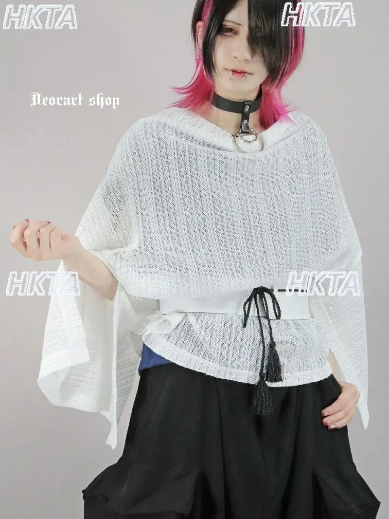 

Японский стиль, темная легкая сетчатая свободная блузка, куртки с шалью, женские осенние новые вязаные топы с короткими рукавами для женщин