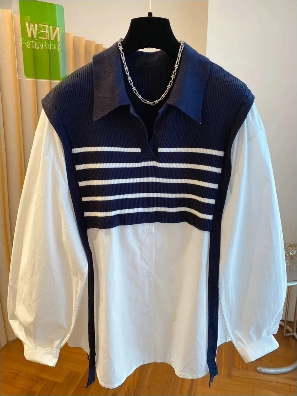 plus Size 300 Pounds Color Block Long Sleeve Shirt Men's Spring Autumn Korean Style Fake Two-Piece Breathable Comfortable