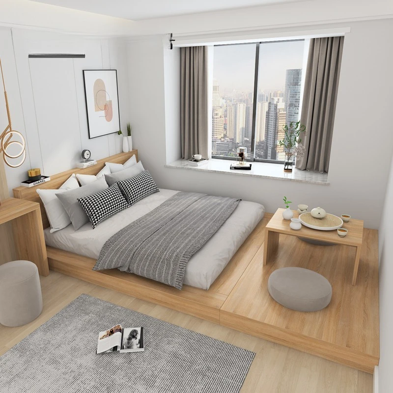 

Japanese style tatami low bed, double floor to ceiling slab bed
