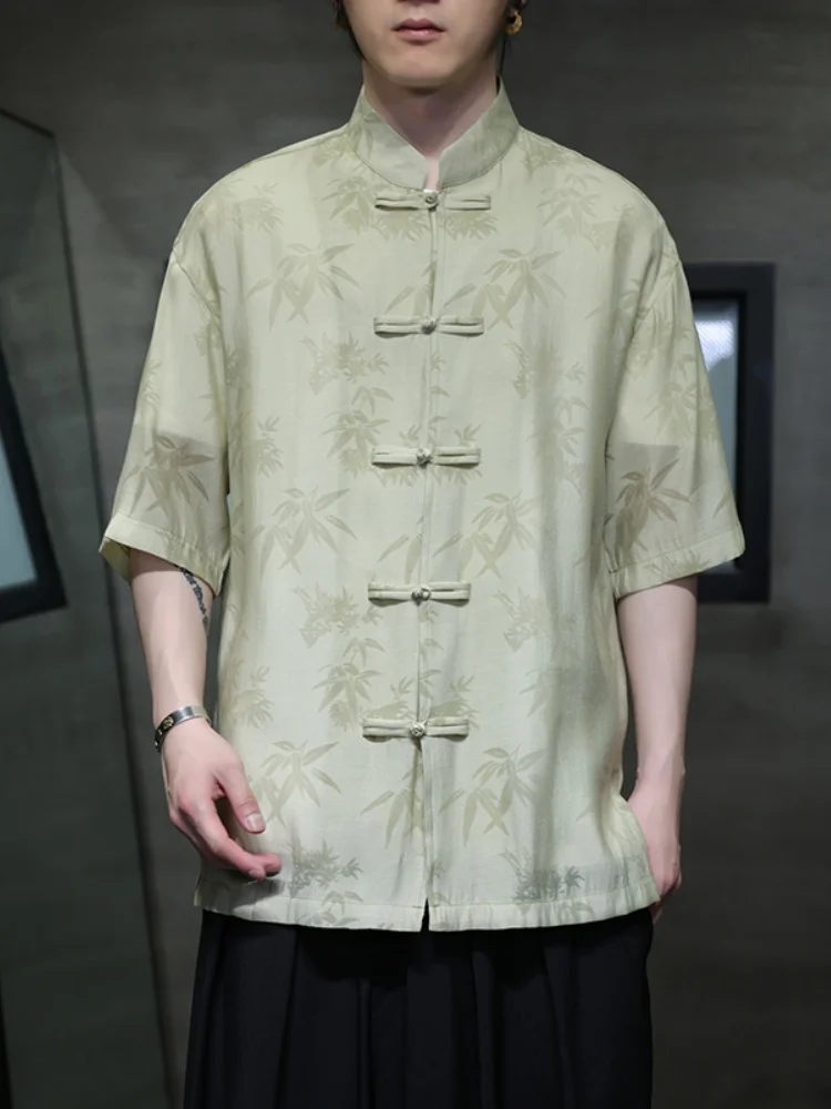 

New Chinese Sle Men's Ice Silk Button up irt Thin ort Sve Refinement Tang Costume Hanfu Summer Faion Loose Fit Pri...