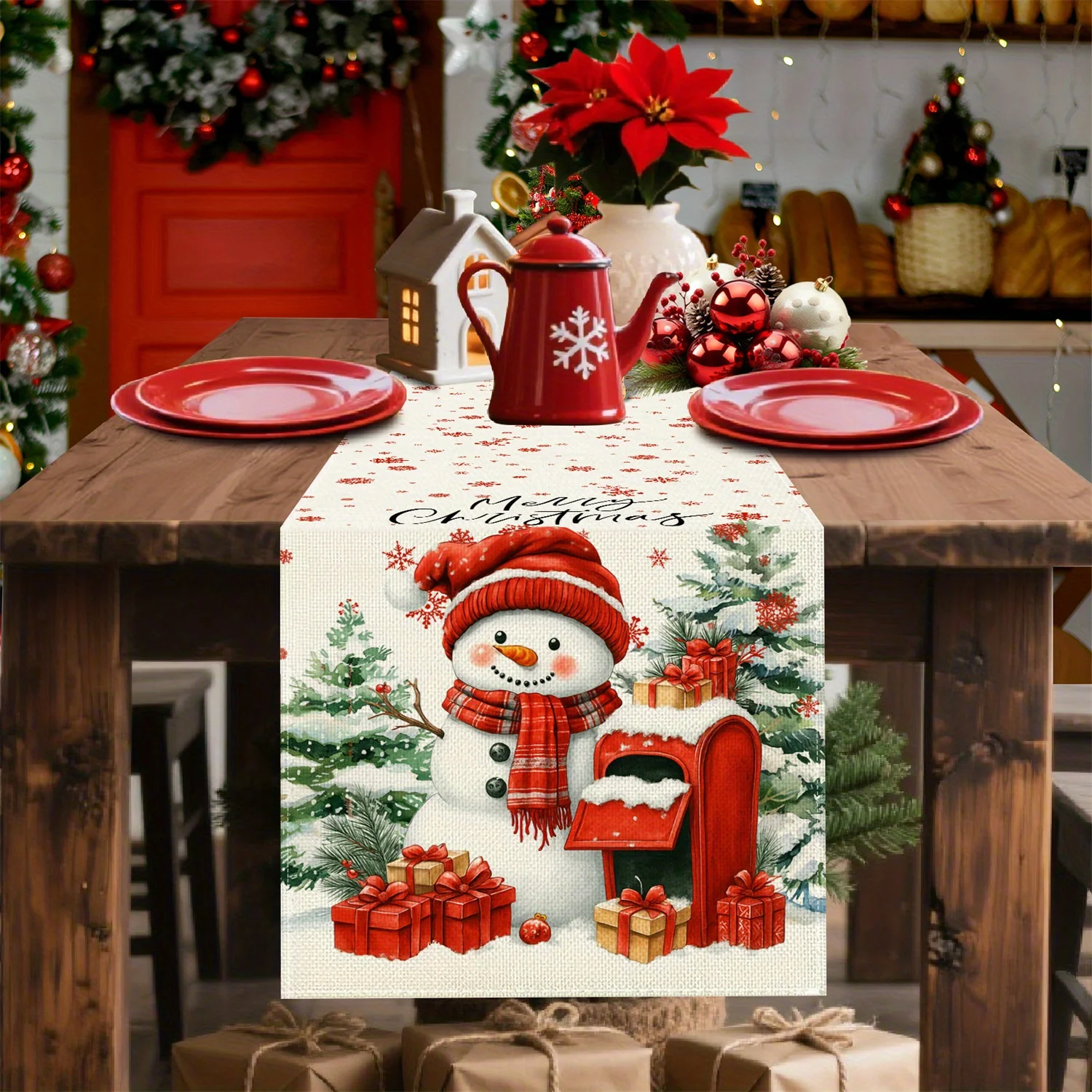 مفرش طاولة عيد الميلاد - مطبوع مسطح، يتميز ندفة الثلج، رجل الثلج، شجرة الثلج والصنوبر، مثالي لهدايا عيد الميلاد المجيد #2