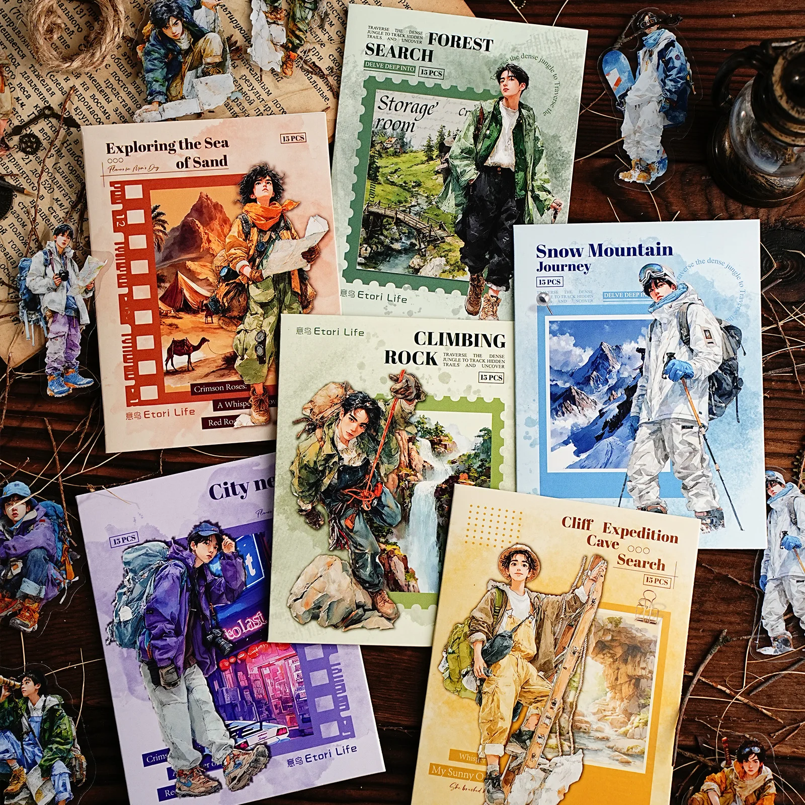 Etori Life 15Pcs Adventure Journey Series Retro Mountain Stream Exploration Character Pattern Pet Sticker Pack for Laptops, Phone Stickers, Albums, Suitcases, Room Decoration, Gift Bags, Scrapbooking Supplies, Stamp Albums, Outdoor Travel, School Supplies, DIY Crafts, Student Stationery, Children's Stickers, Gifts for Friends