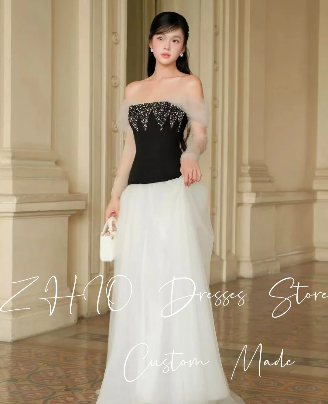 ZHIO Exquisite Beads Evening Gown Off Shoulder A-Line Floor Length Contrast Black White Tulle Wedding Party Dress Customized