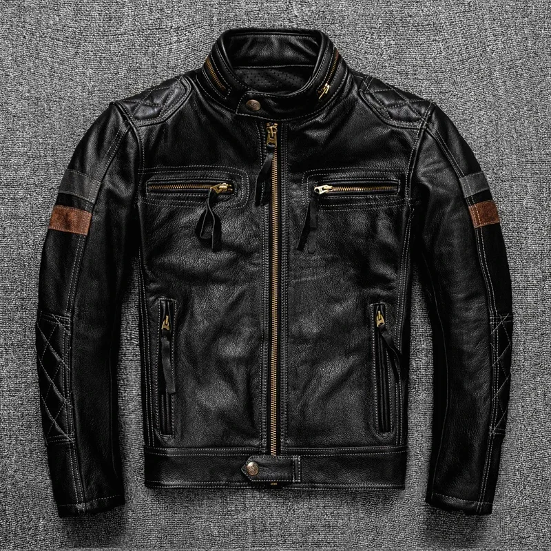 

Free shipping.2025 Brand new Pro motor biker real leather jacket.cool black men rider cowhide coat.quality thick leather cloth